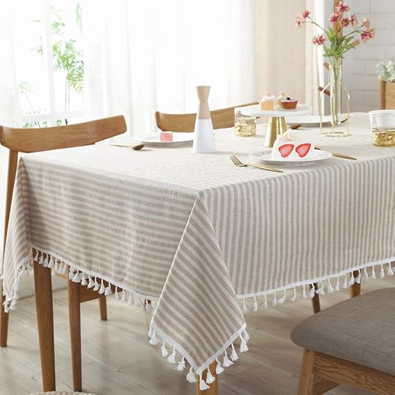 AMZALI Stripe Tassel Tablecloth Cotton Linen Stain Resistant/Dust-Proof Waterproof Table Cover for Kitchen Dinning Tabletop Decoration (Rectangle/Oblong,35 x 55 Inch, Beige
