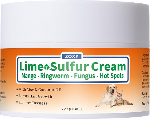 ZOXY Lime Sulfur Cream, Mange Treatment Dogs, Ringworm Treatment for Cats & Dogs, Soothes Itchy, Dry, Inflamed Skin, Promotes Hair Regrowth, Low Odor, No Rinse Needed, 2oz