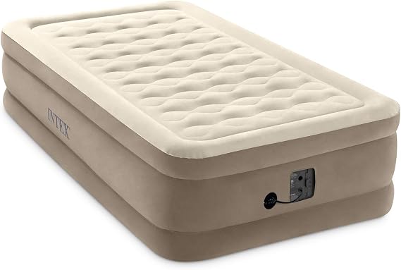 Intex Ultra Plush Fiber-Tech 18 Inch High Twin Inflatable Airbed Elevated Air Mattress with Built-in Pump & Flocked Top, Tan