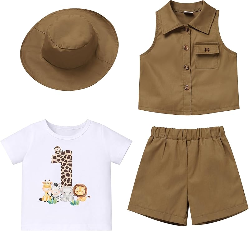 IDOPIP Safari 1st Birthday Outfit for Baby Boys Wild Jungle Animals Top Vest Shorts Hat Set for Cake Smash Photo Shoot Party