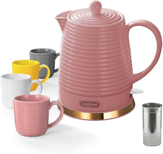 1.2 Liters Ceramic Electric Kettle with Infuser & Mug Set, 1000W Fast Boil Water for Tea and Coffee, Teapot with Boil-Dry Protection and Auto Shut-Off, Detachable Swivel Base