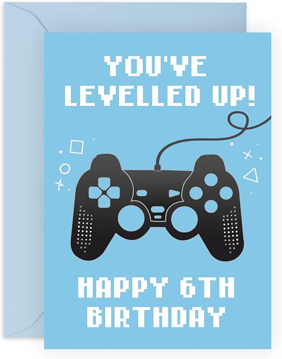 CENTRAL 23 Fun Sixth Birthday Card for Boys - 'You've Levelled Up!' - Happy 6th Birthday - 6 Year Old - Blue Greeting Card for Gamers - For Kids - Gift for Son, Grandson -  with Stickers