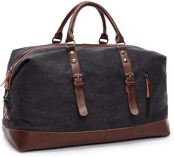 autumndeer Oversized Canvas Holdall Travel Carry On Duffel Bags Plus Handbag Shoulder Bag Crossbody Overnight Weekend Bag Unisex Travel Holdall Handbag with PU Leather Handle (Black)
