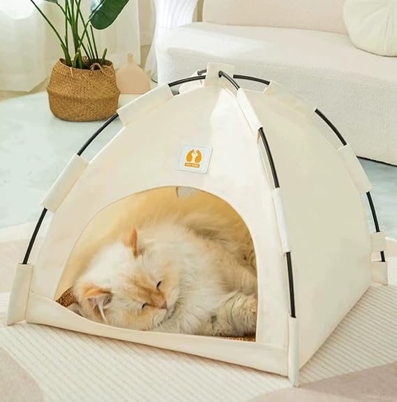 Cat Tent Foldable Indoor Outdoor with Thick Mat,Portable Dog House Dog Teepee Tent,Waterproof Cute Cat Teepee Cave, Cat Bed,Dog Bed Tent,Puppy Bed Tent,Bunny Tent,Pet Tent Teepee (Off White, S)