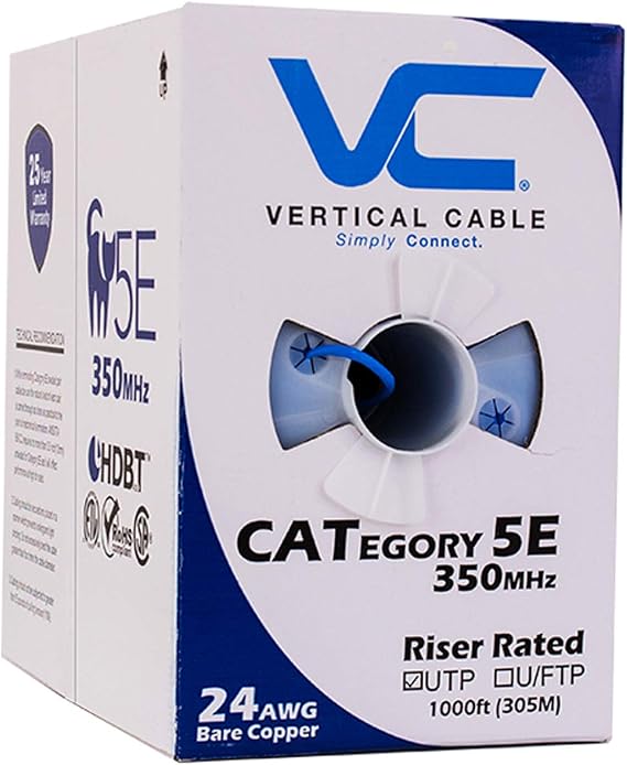 Vertical Cable Cat5e, 350 MHz, UTP, 24AWG, 8C Solid Bare Copper, 1000ft, Blue, Bulk Ethernet Cable - 054 Series