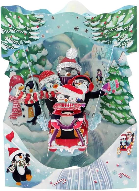 SANTORO Swing Card, Christmas 3D Pop Up Greeting Card - Sledging Penguins - For Kids, Family, Christmas, Festive