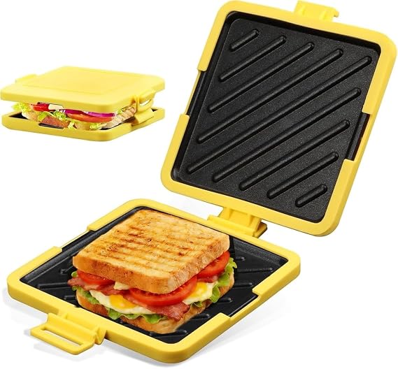 Microwave Toastie Sandwich Maker, Panini Press Snack Maker Micro Munchy Maker Toaster Dishwasher Oven Safe Non-Stick Plates Silicone for Toastie Panini Grilled Cheese and Patties (Yellow)