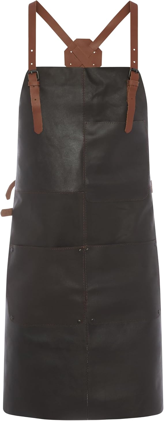 Theodore Leather Apron - 32.5" x 22.5" Adjustable Crossback with Leather Straps - Durable Work Apron with 3 Large Pockets for Grilling, Barbecue, Woodworking