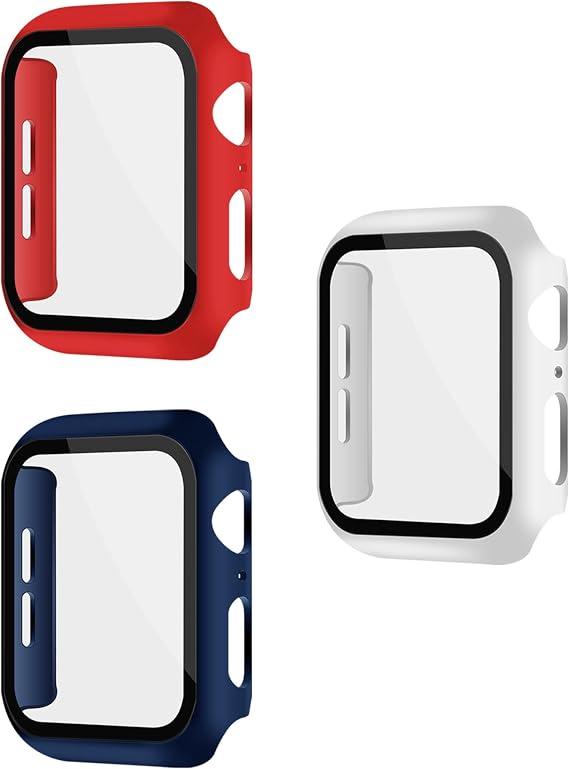 マルチカラーケース 3枚セット 強化ガラスフィルム Apple Watch SEGen 1/2/3 Series 6/5/4 40mm 用 ケース レッド+ホワイト+ネイビーブルー 滑らかな手触り 滑らかな手触り 簡単貼り付け フルスクリーンシールド 高保護