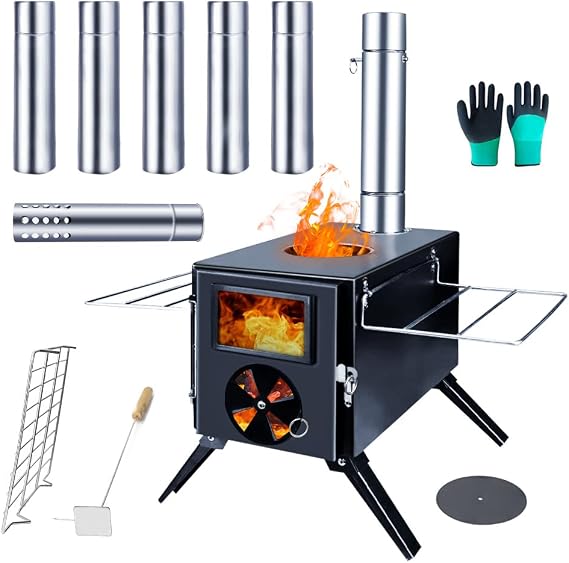 Camping Stove Wood Stove Portable Tent Stove with Chimney Pipes, Heat Resistant Glass, Gloves for Outdoor Use