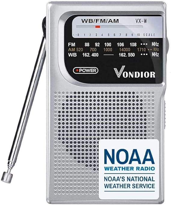 NOAA Weather Radio - Emergency NOAAAMFM Battery Operated Portable Radio with Best Reception and Longest Lasting Transistor. Powered by 2 AA Battery with Mono Headphone Socket, by Vondior Silver