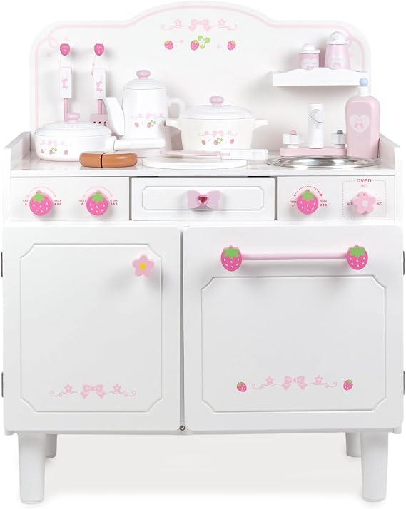 Mother Garden Pretend Play Kitchen, Wooden, Sweet Strawberry, Deluxe Kitchen 12 Small Items, Partially Assembled, Pretend Play Kitchen Set, Complete Product, Compact
