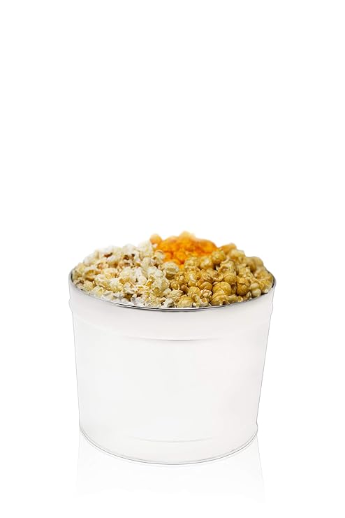 The Classics 2 Gallon Gourmet Popcorn Tin: Indulge in Cheese, Caramel, and Kettle Korn | Handcrafted to Order | Perfect for Movie Nights, Care Packages, and Gift Packages (2.0 Gallon White)