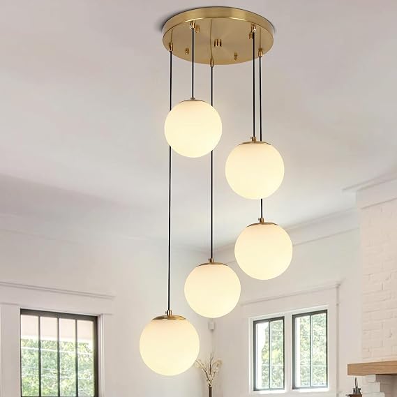 5-Lights Cluster Globe Glass Chandelier Mid Century Brushed Gold Hanging Lamp with Milk White Glass Modern Cluster Pendant Light for Staircase Dining Room Living Room Adjustable Height