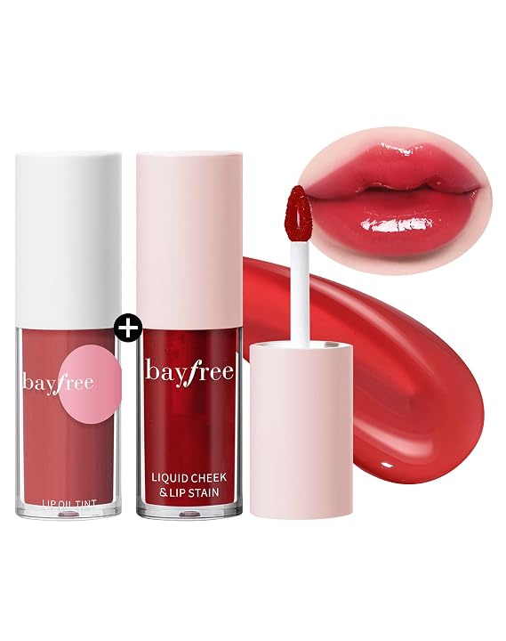 bayfree Tinted Lip Oil & Lip Stain Set, Waterproof & Long-Wearing Korean Makeup, High-Shine & Moisturizing 2-in-1 Cheek and Lip Tint Stain, Lightweight & Non-Sticky for Dry Lips, Cruelty-Free & Vegan