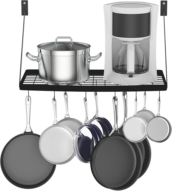 Miyili 24-Inch Kitchen Pot Rack, Matte Black Hanging Rack for Kitchen Storage Organization, Wall Mounted Cookware Hanger Shelves with 10 Hooks