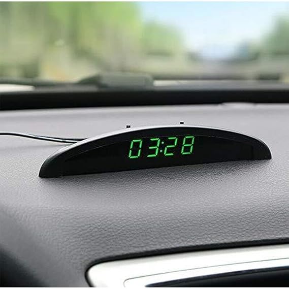 Riloer 3-in-1 Car Digital Dashboard Clock, LED Temperature Gauge and Voltmeter Monitor, Heat Resistant Interior Thermometer with Time Memory, 12V Universal Compatible with Ford, Toyota, Honda (Green)