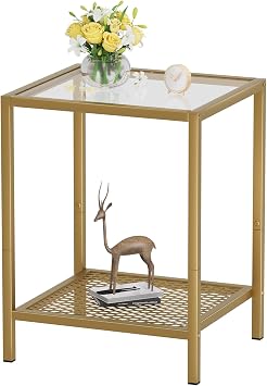 SAYGOER Small Side Table Glass End Table with Mesh Storage Shelf for Small Spaces Modern, 13.4 x11.8 x19.7, 2-Tier Square Bed Nightstand Couch Table for Living Room Bedroom, Gray