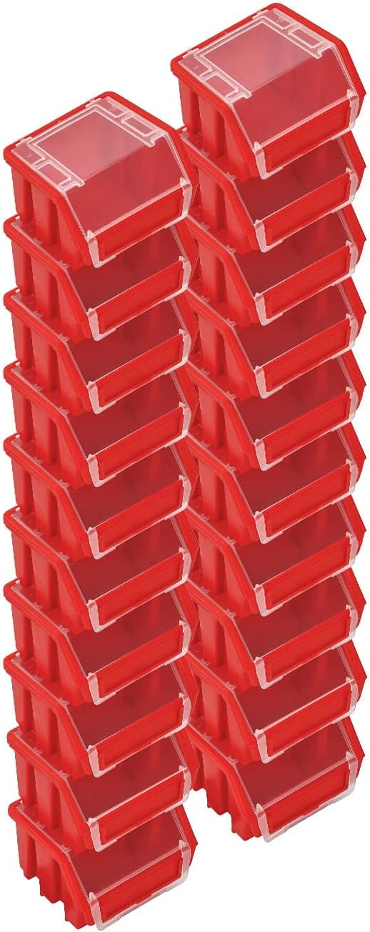 PAFEN Stacking Boxes Set - 20 x Stacking Boxes with Lids 115 x 75 x 118 mm - Display Box Stacking Box for Tool Wall Storage Box Red