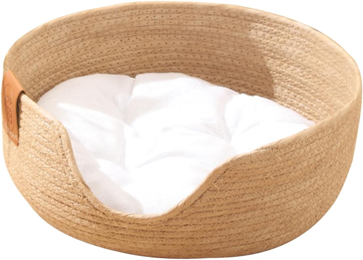 Straw Nest Pet Beds for Small Dogs Cat Bed Washable Small Dog Beds Dog Sofa Dog Chair Bed Cat Nest Cat Beds Pet Cat House Half Closed Cotton Pad Cattail Grass Beige Puppy Cushion