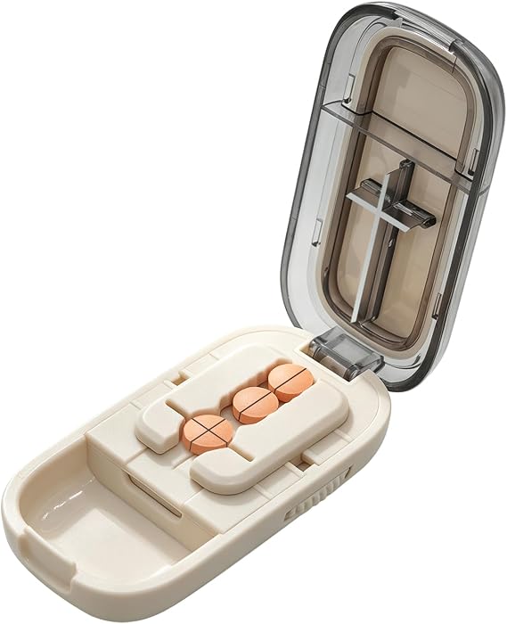 Pill Cutter for Cutting Multiple Pills, 1/2 1/4 Pill Splitter for Large, Small and Tiny Pills, with Improved Sharp Blade, Storage Organizer, Centering Device