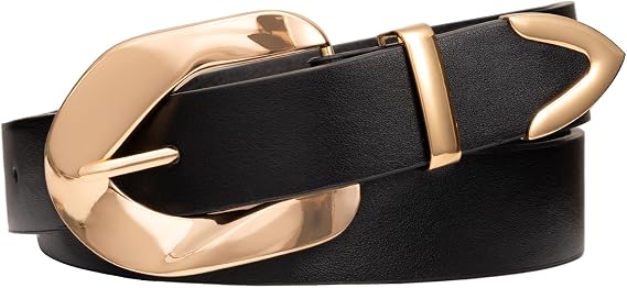 Womens Black thin Belt with Oversized Gold Buckle