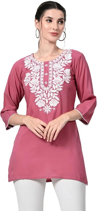 Kurti for Women - Short Chikankari Kurtis for Girls, Lakhnawi Tunic Top Kurta Design for Ladies, Woman Ethnic Kurthi