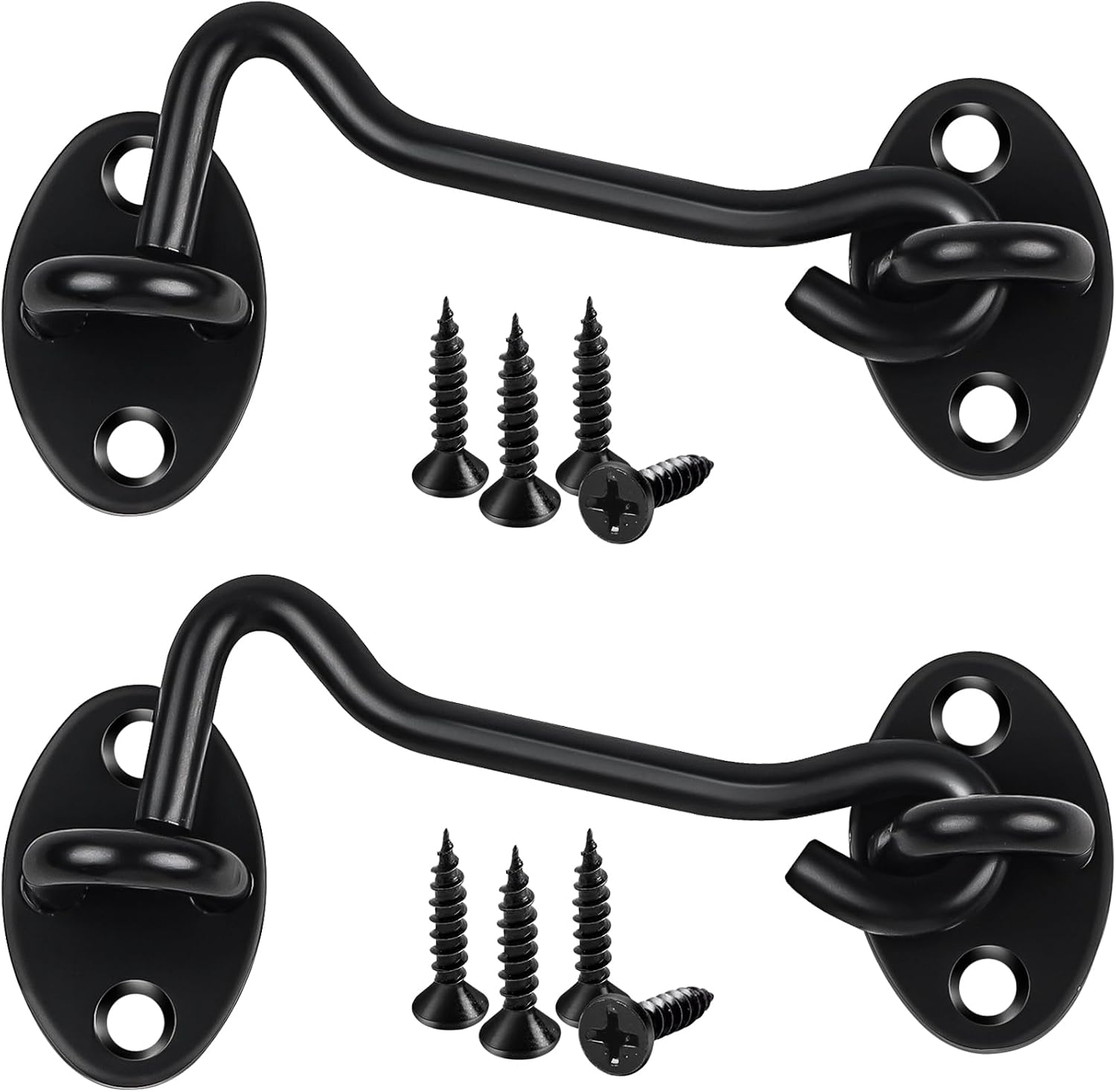 2 Pack Hook and Eye Latch, 4 Inch Black Cabin Hooks Stainless Steel Eye Gate Latch Easy Lock, Sliding Door Hooks Barn Door Catch Hardware with Screws for Outdoor Garden Shed Patio Window Wooden Gates