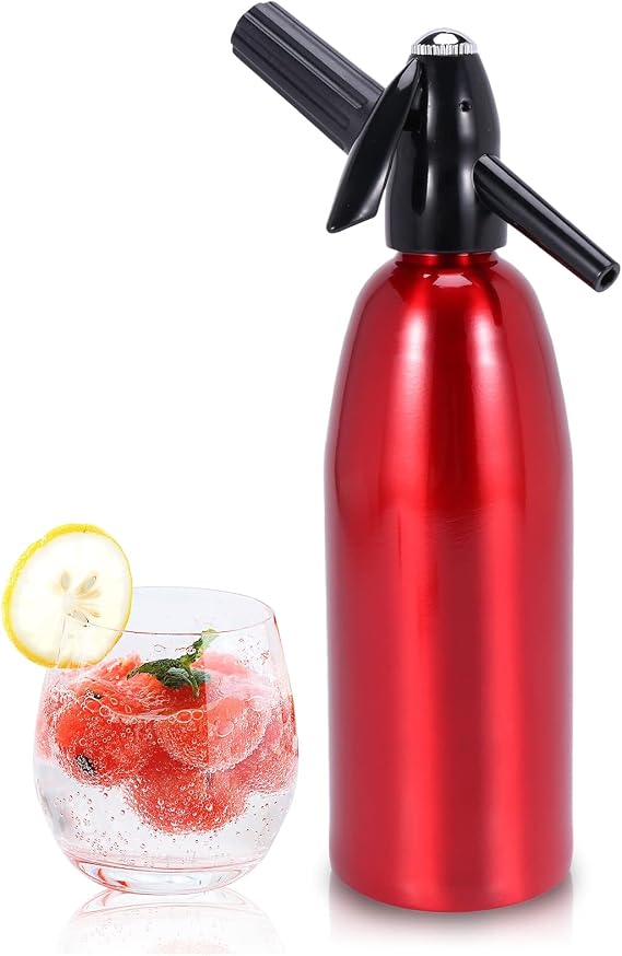1L Portable Home Soda Maker - Aluminum Soda Syphon for DIY Carbonated Soda Water, Nostalgic Sparkling Water Maker Bottle Kit for Refreshing Seltzer, Cocktails, Juices and Fizzy Drinks (Red)