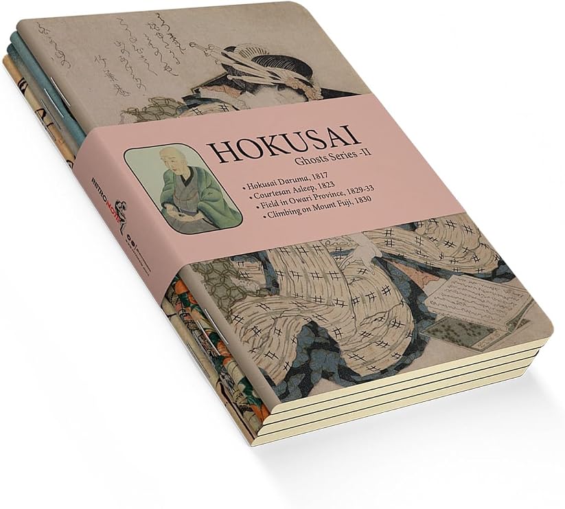 Retronote Ghosts Series II - A5, Hokusai 4'lü Defter Seti II, Çizgisiz, Toplam 256 Sayfa, Her biri 64 Sayfa, Tel Dikiş, Esnek Kapak, Oval Kenar, Tuval Doku, 60 gram, Sarı Krem Renk, çok renkli