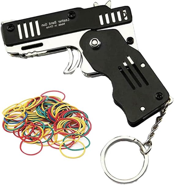 Mini Rubber Band Gun Metal Folding Gun Keychain with 100 Rubber Bands Made Entirely of zinc-Iron Alloy Material Sturdy and Durable.
