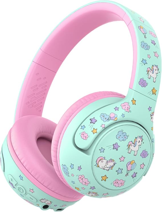 iClever BTH27 Toddler Headphones for 2+ Year Old Baby Kids Travel Study | SafeSound Tech3.0, 74H Playtime, Bluetooth 5.4, BPA Free, Aux, Soft Baby Headphones, Easy Operation, Adjustable, Green/Pink