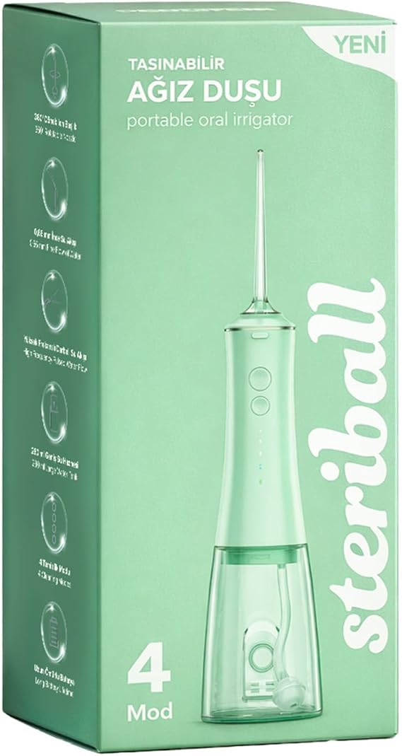 Steriball Oral Irrigator Ağız Duşu Yeşil - 4 Temizlik Modu, 360° Dönebilen Başlık, 0,60 mm İnce Su Akışı, Yüksek Frekanslı Su Darbesi