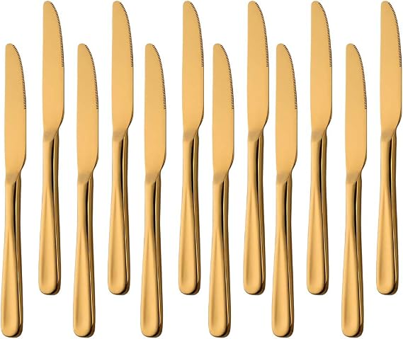 Dinner Knife Stainless Steel: Dining Knife Silverware Set of 12 Table Knife Gold 9.5-Inch