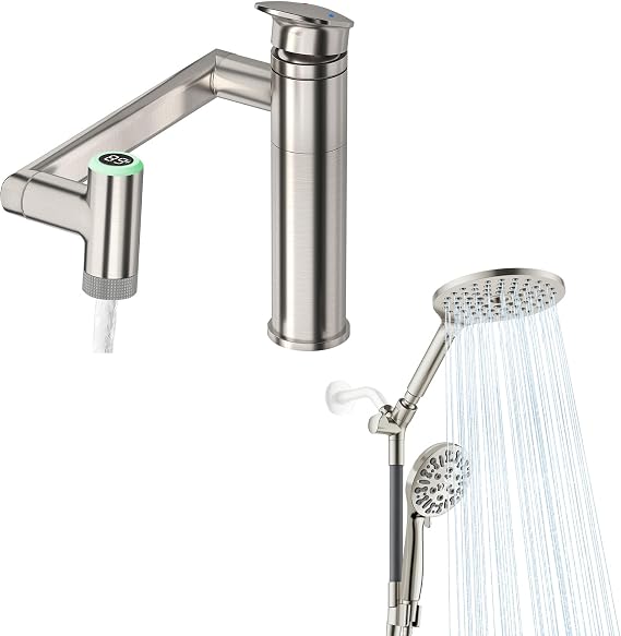 HOWUWEY Brushed Nickel Rotatable Single Hole Bathroom Vanity Faucet with Temperature Display & HOWUWEY Brushed Nickel Dual Shower Heads with Handheld Spray