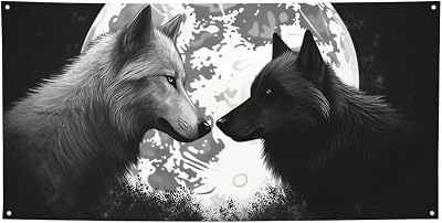 Wolves Love Under The Moon Wild Animal Banner Printing Indoor Outdoor Flag Party Banners and Signs Personalized Poster Photo Backdrop Background for Business Graduation Wedding Event Decoration Medium