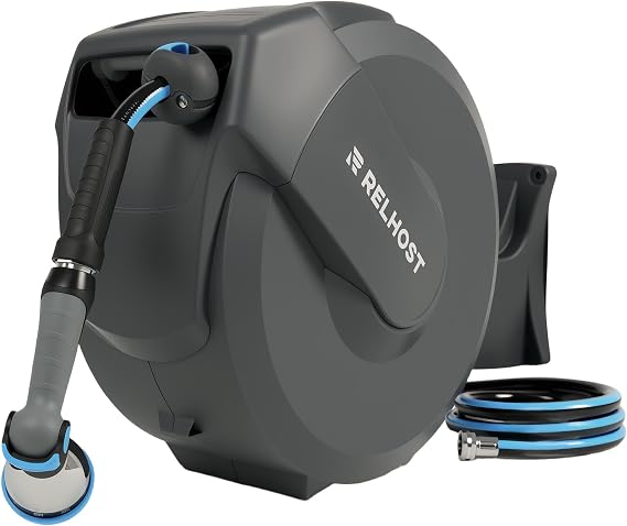 Retractable Garden Hose Reel 1/2 in x 65 ft, Heavy Duty Wall Mount Outdoor Hose with Auto Rewind, Any Length Lock, 180 Swivel Bracket & 10-Pattern Nozzle (Dark Grey)