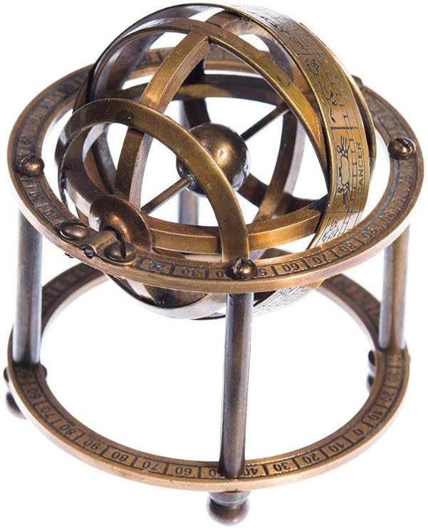 Humaira Nautical Brass Armillary Sphere with Stand 9 cm Mini Antique Globe, Steampunk Pirate Decor, Vintage Astronomical Sphere Model
