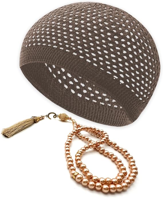 ESERRA Kufi Hats for Men and Women with 99 Tasbih Prayer Beads, Muslim Thick Breathable Skull Cap, Tasbeeh, Prayer Cap