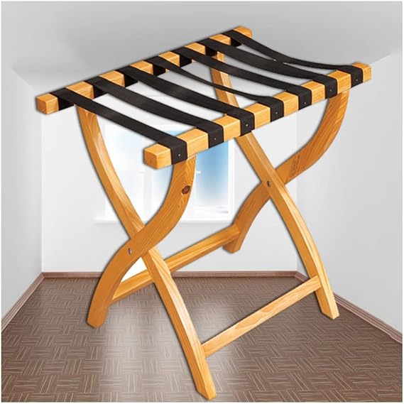 Folding Luggage Rack, Wooden Straight Leg Luggage Rack with 7 Straps Guesthouse Luggage Rack for Bedroom, Guest Room, Hotel,Brown-60x44x67cm