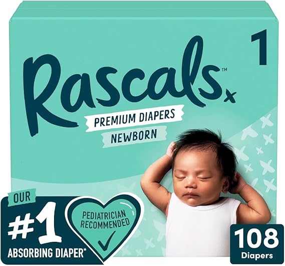 Rascals Premium Diapers, Size 1, 108 Count
