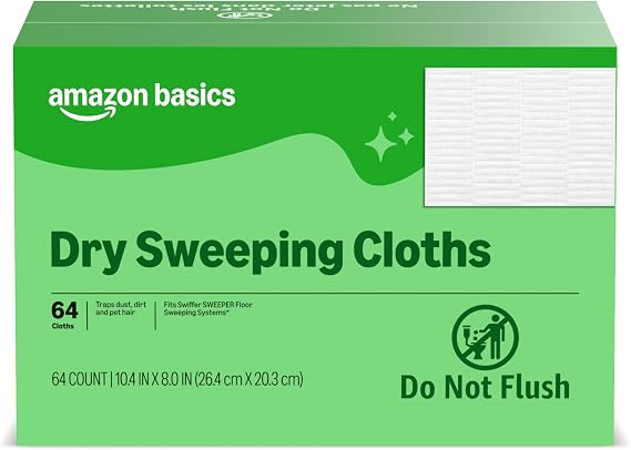 Amazon Basics Dry Sweeping Cloths for Floor Cleaning, Pet Hair, Dust, Dirt, Multi-Surface, Disposable, Fits Swiffer Sweeper Mop Heads, 64 Count, Packaging May Vary