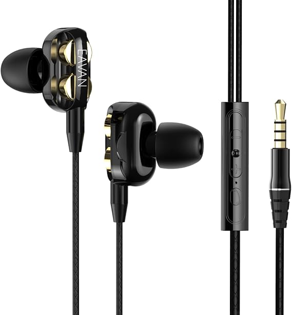Dual Dynamic Driver Wired Earphones - HiFi Sound with 4 Drivers, 3.5mm in-Line Mic & Tangle-Free Cable (2 Pack)