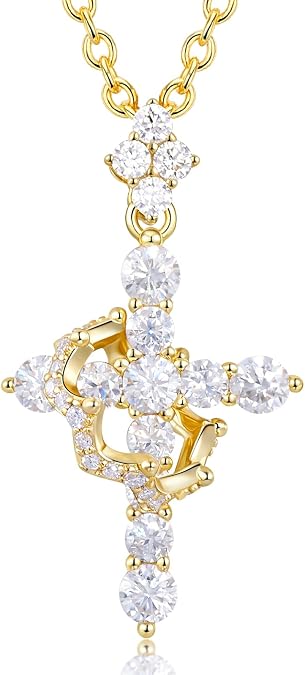 Upgraded Moissanite Cross With Crown Necklace For Women Sterling Silver