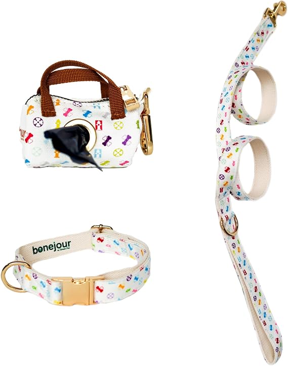 Green Pet Bonejour Bundle, Black - Standard Size - Includes Bag Dispenser, 960 Waste Bags, Collar & Leash in Signature Pooie Vuiton Print