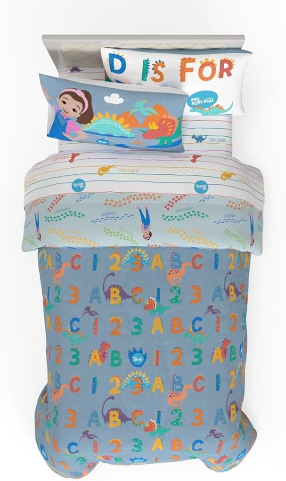 Ms. Rachel Educational Adventures Dino Learning Kids Bedding Super Soft & Cozy Reversible Microfiber Comforter and Sheet Set, 4 Piece Twin Size, (Officially Licensed Product) By Franco