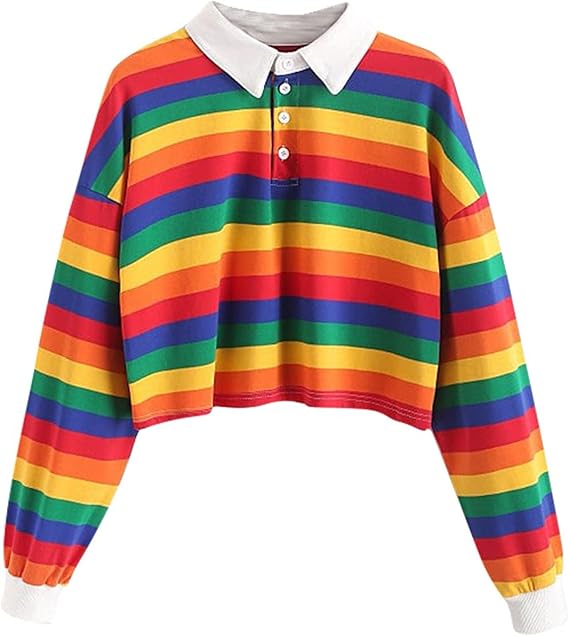 Women's Fashion Cute Crop Top Collared Long Sleeve Rainbow Striped T-Shirt Soft Blouses Y2K Streetwear for Teen Girls