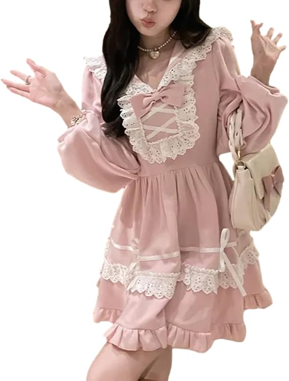 Lolita Kawaii Sailor Dress Teens Fall Casual Cute Lace Bow Long Sleeve High Waist Frilly Hem Party Junior Dresses