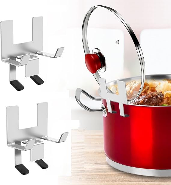 2Pcs Stainless Steel Pot Lid Holder, Silicone Pad, Lid Pocket, Slow Cooker Lid Holder, Space Saving, Non Slip, Dishwasher Safe, 10 x 8cm, Silver