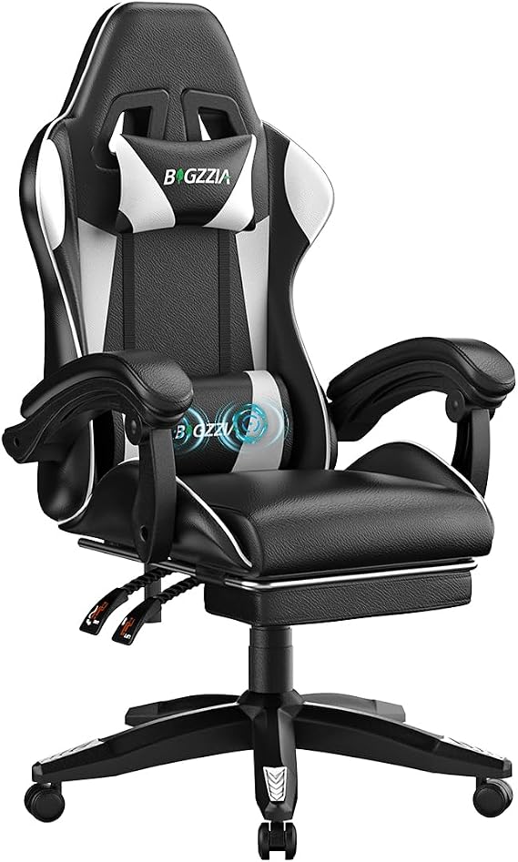 Racingreat Gaming Chair with Massage Function and Footrest (White)